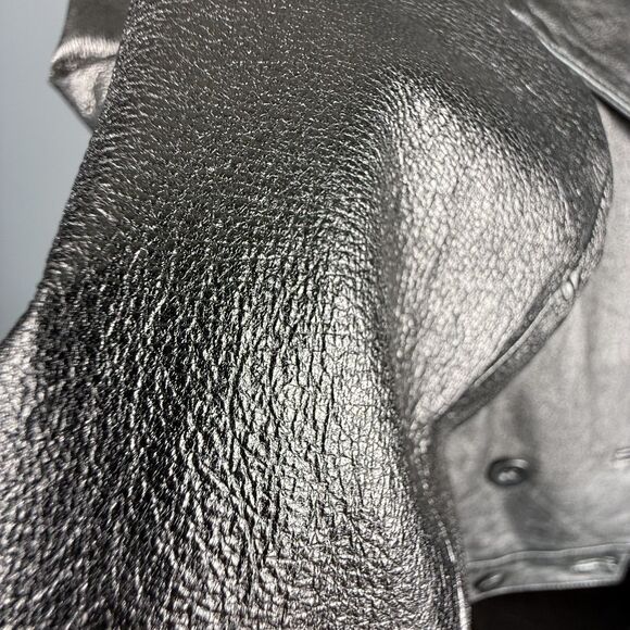 Vintage 80s 90s Spiegel Metallic Silver Cropped Double Breasted Leather Jacket - Picture 8 of 13